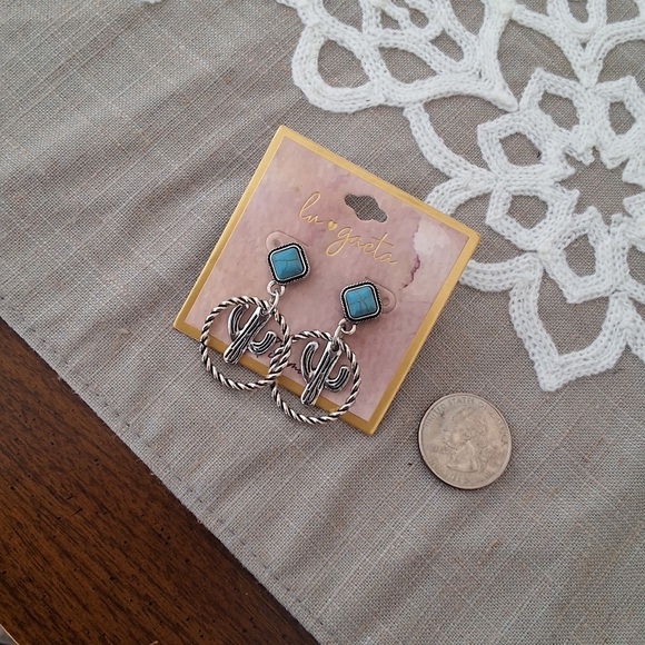 💥SALE💥LU Gaeta Cactus Turquoise Silver Dangle Earrings NEW - Picture 2 of 3